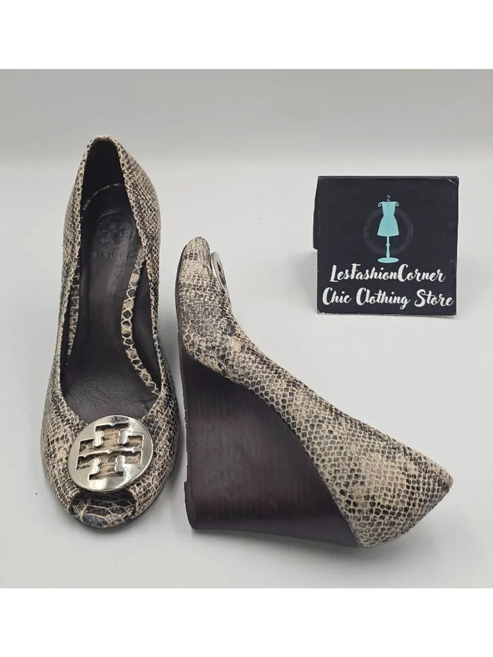 Tory Burch Women's Python Leather Julianne Peep Toe Wedge Pumps Shoe Size 9 3783